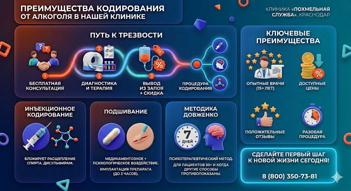 Инфографика о методах кодирования от алкоголя в Пласте: инъекции, подшивание, метод Довженко. Преимущества клиники и этапы лечения.
