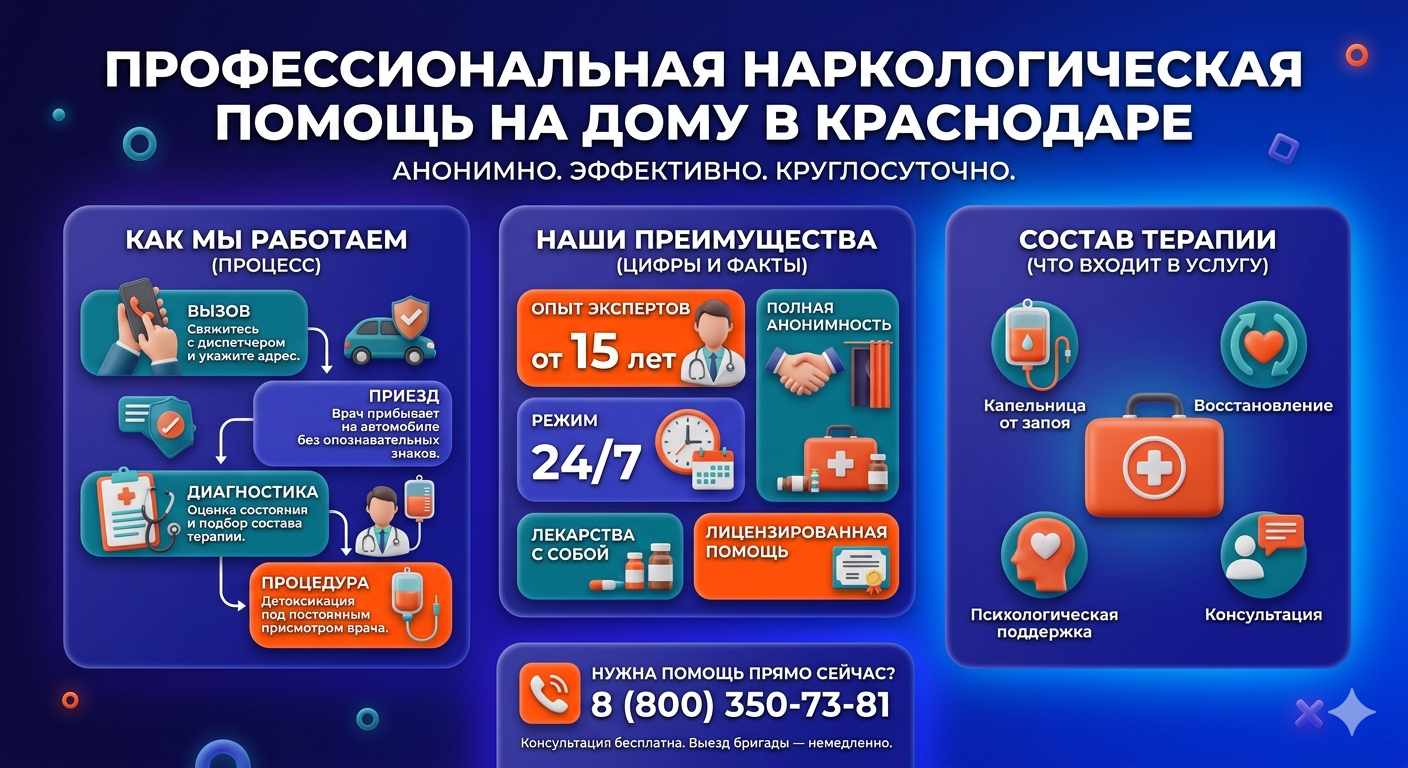Инфографика о принципах лечения алкоголизма на дому в Пласте: этапы вызова нарколога, преимущества анонимной детоксикации и состав медицинской помощи.